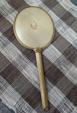 Guilloche Enamel and Brass Vintage Victorian-Style Hand Mirror